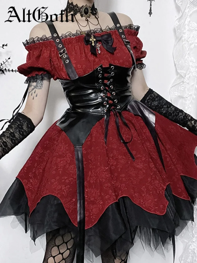 AltGoth-vestido gótico de Dark Academia para mujer, ropa de calle Harajuku, Fairycore, encaje Grunge, Patchwork, manga abullonada, cintura alta