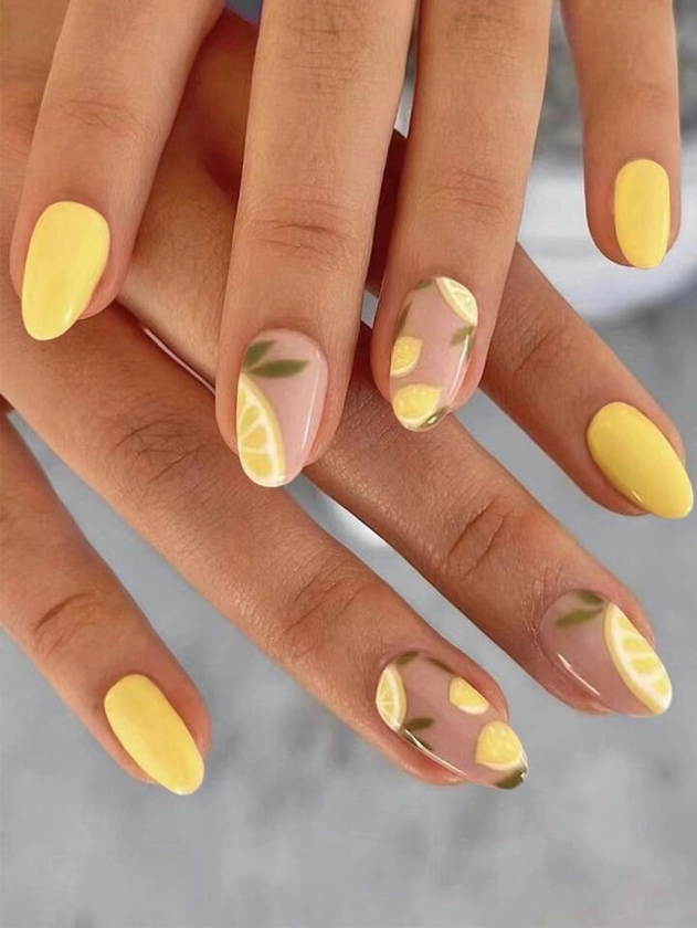 Upgrade Your Look With 24pcs Limoncello Long Oval Fruit Print Full Cover Fake Nail Bold Press On Nails Kit Nail Supplies | SHEIN USA