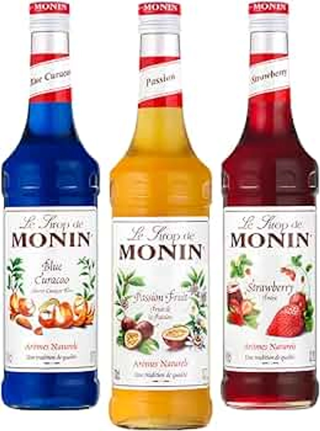 Go2 Groceries Bundle Monin Premium Fruit Flavoured Cocktail Syrups (3 x 700 ml) Strawberry, Passion Fruit, Blue Curacao with Recipe Cards