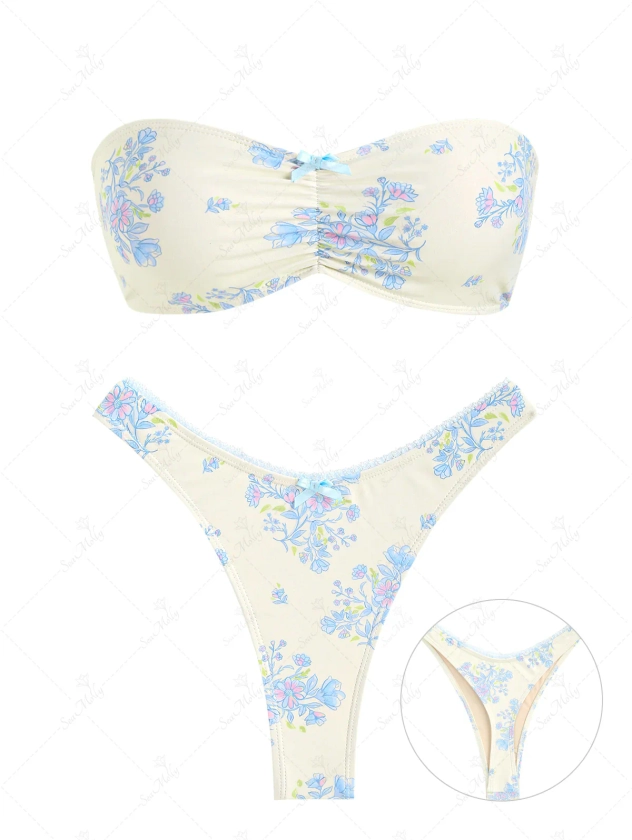 Seamolly Tiny Blue Floral Ruched Bow Bandeau Thong Bikini Set