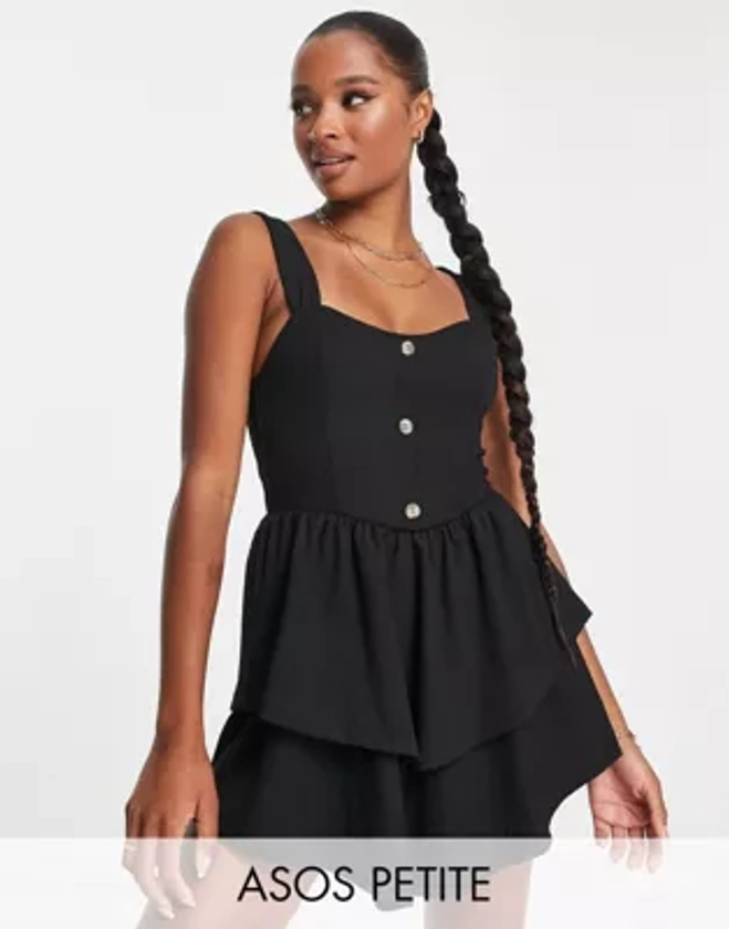 ASOS DESIGN Petite strappy mini dress with ra ra skirt and buttons in black | ASOS