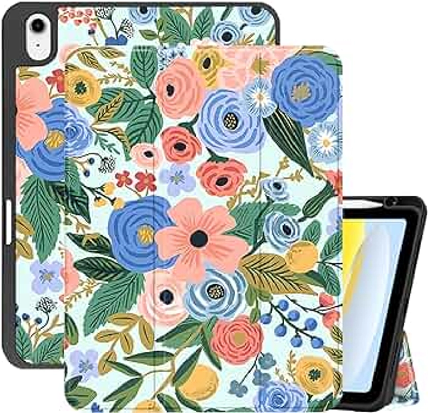 Compatible with iPad Air 5th Generation Case 2022 iPad Air 4th Generation 2020 10.9 Inch with Pencil Holder/Soft TPU Back Auto Sleep/Wake Cute Aesthetic Girls Women-Floral Flowers