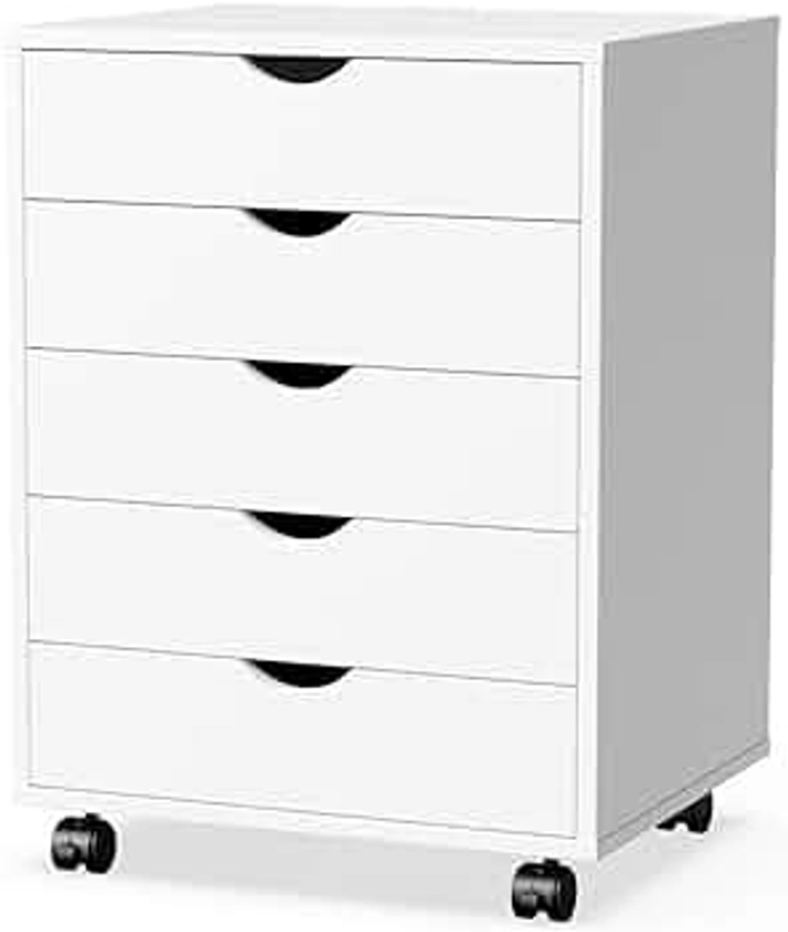 OLIXIS 5 Drawer Chest Wood File Cabinet Rolling Storage Dresser with Wheels for Home Office, White