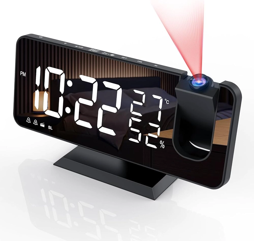 Reveil Projecteur avec Radio, Horloge Numérique, Radio Reveil USB avec Double Alarme et Écran Miroir LED de 7, Snooze, 4 Niveaux de Luminosité, 12/24h, 15 Volume, pour La Maison, Le Bureau : Amazon.fr: High-Tech