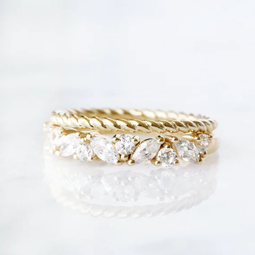 Natural White Sapphire Stacking Ring Set- 14K Yellow Gold Vermeil Diamond Wedding Band- Engagement Ring- Promise Ring- September Birthstone