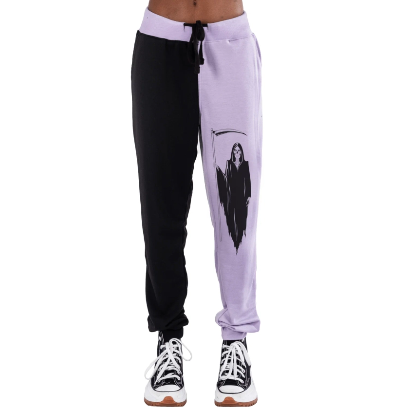 Doom Grim Reaper Tattoo Two Tone Purple and Black Sweatpants