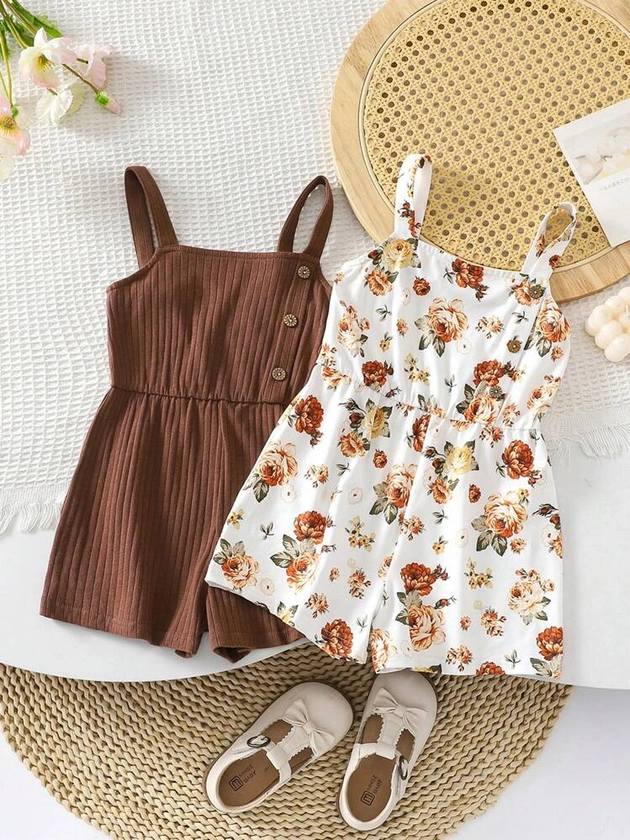 SHEIN Young Girl Woven Solid Color Square Neck Spaghetti Strap Romper And Woven Floral Square Neck Spaghetti Strap Romper Two-Piece Set