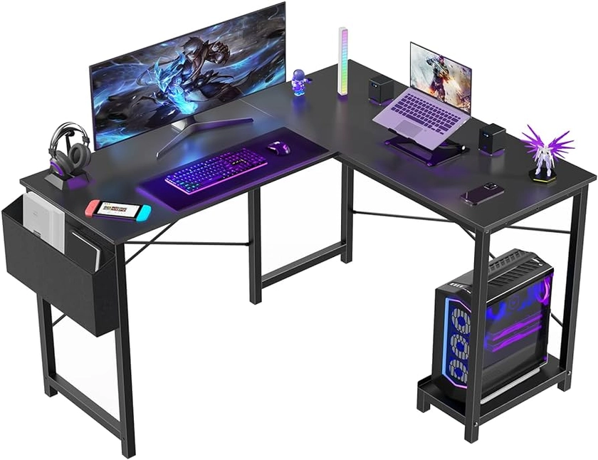 Sweetcrispy L Shaped Computer Desk - Gaming Table Corner Desk 50 Inch PC Writing Black Desk Study Desks with Wooden Desktop CPU Stand Side Bag Reversible for Home Office Dorm Small Space