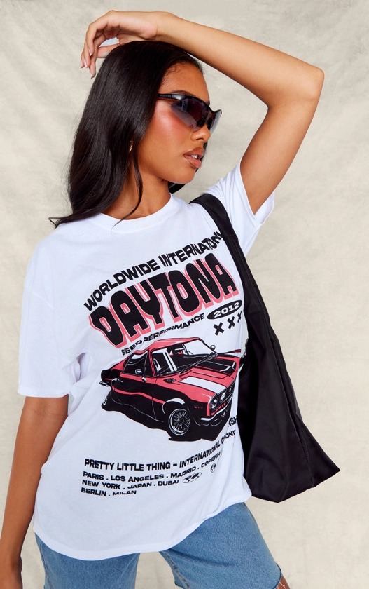 White Daytona Car Print T Shirt