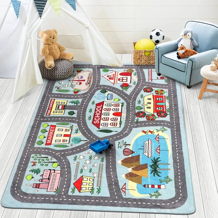 LIVEBOX Soft Kids Rug 4'x6' Carpet Play Mat for Baby Boys Girls, City Life Road Traffic Playroom Rug for Playing Cars Toys, Educational Nursery Rug for Children Bedroom Kids Room