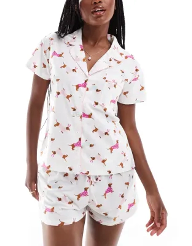 Boux Avenue fleece short sleeve & short pjs in a bag in dog print