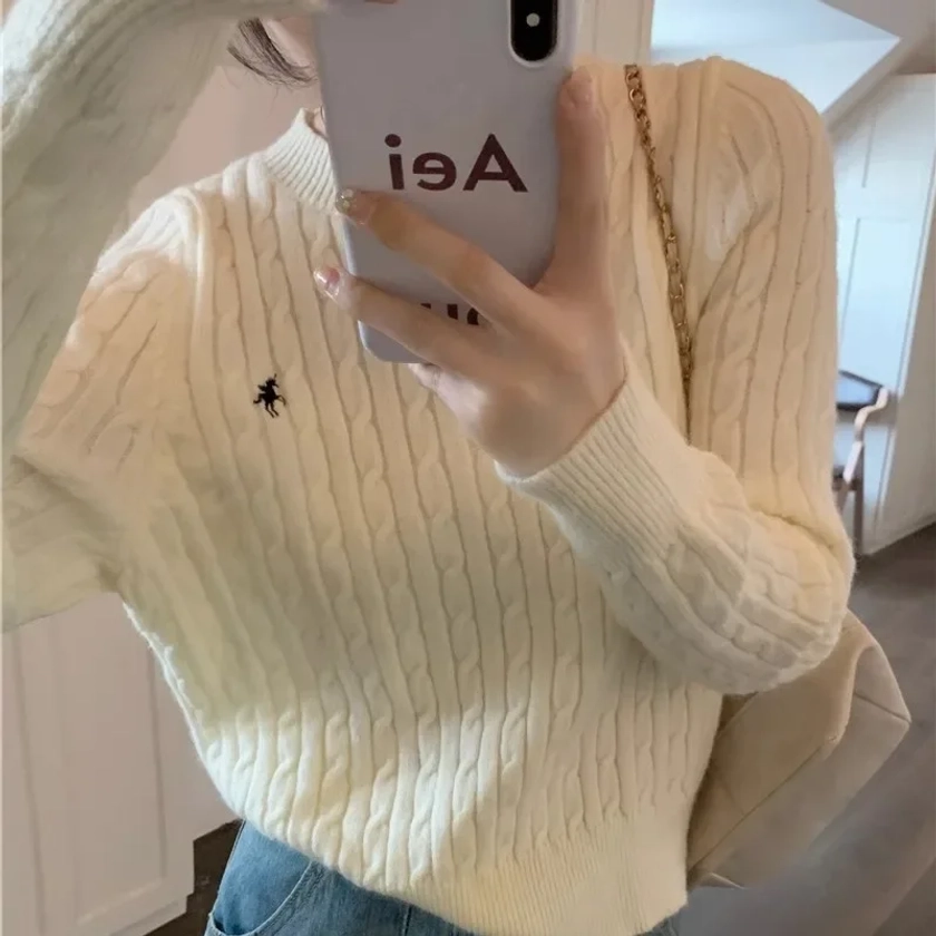 Women's Knitted Top 2023 New Design Sensibility Embroidery Cable Knit Sweater Petite Slimming Long Sleeve Pullover