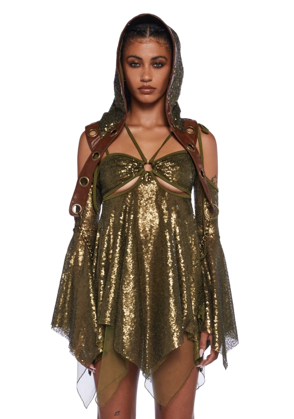 Club Exx Sequined Hoodie With Vegan Leather Trim And Chain Link Festival - Gold