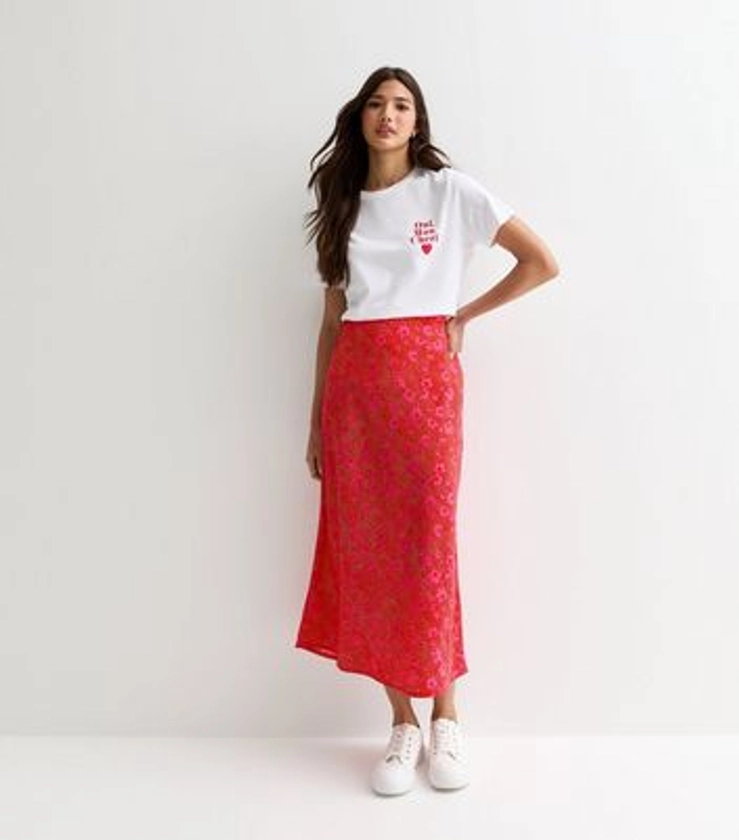 Red Floral Spot Print Bias Cut Midi Skirt
