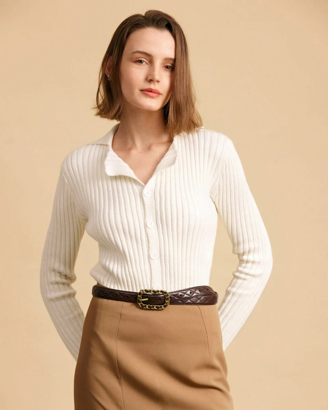 The Solid Collared Ribbed Knit Tops - Collared Rib Long Sleeve Button Up Knit Top - White - Tops | RIHOAS