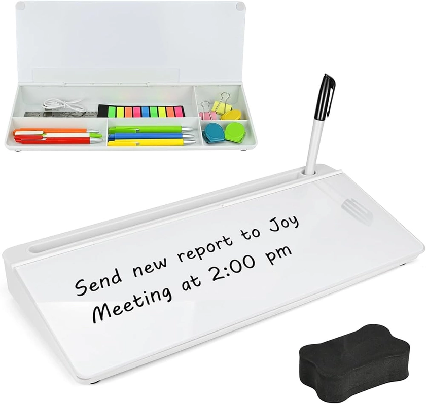 Desktop Glass Whiteboard, Dry Erase Desk Organizer, Small Desktop Memo Note Board, Keyboard Whiteboard Stand with Hidden Compartment and Device Slots for Office Accessories, Home, School Supplies