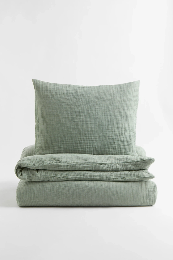 Parure de couette lit simple en mousseline - Vert sauge - Home All | H&M FR