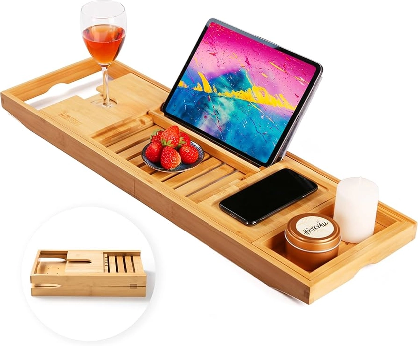 Bamboo Bathtub Caddy Tray for Luxury Bath, Expandable Bath Tray for Tub with Book and Wine Holder- Gift Idea for Loved Ones