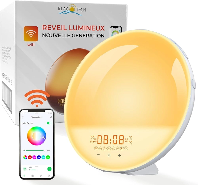 R.LAX TECH I Radio Eveil lumière LED pour un Réveil Lumineux le Matin Simulateur d'Aube et Crépuscule Reveil intelligent 20 Niveaux de Luminosité 8 sons naturels Lampe de Chevet Veilleuse enfant