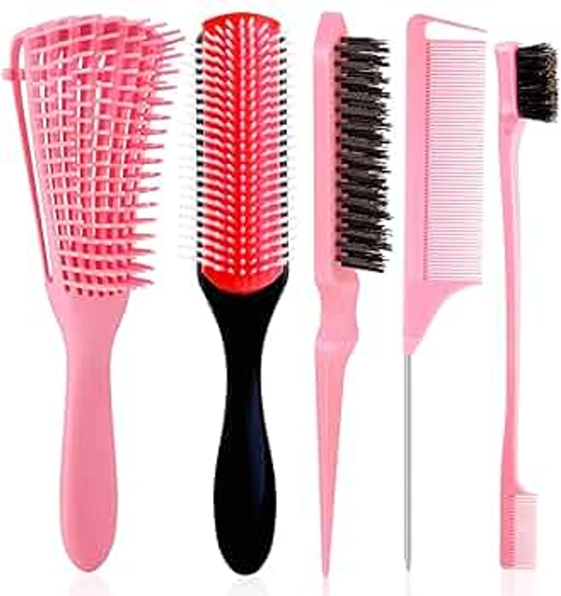 5 Pcs Detangling Brush Set Cushion Nylon Bristle Shampoo Brush Dual Edge Brush Teasing Brush Styling Comb Pink