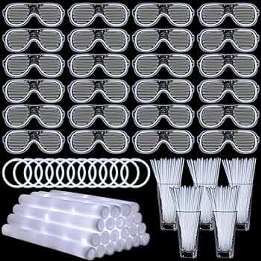 248 Pcs Glow in the Dark Party Supplies Include 24 Glow Sticks with 3 Modes 24 LED Glasses 200 Glow Sticks Bracelets Necklaces Party Favors for Wedding Birthday Concert Carnival (White)