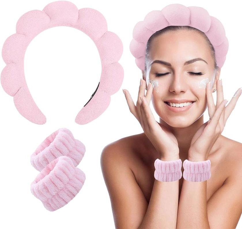 Spa Headband for Washing Face Makeup Hair Band and Wristband Set Puffy Sponge Head Band Terry Towel Cloth Skincare Headbands Bubble Soft Washband Wrist Towels for Women Girl(Pink)