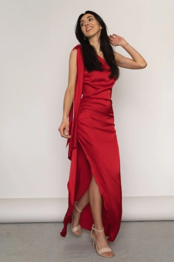 Almada - satynowa sukienka na jedno ramię czerwona