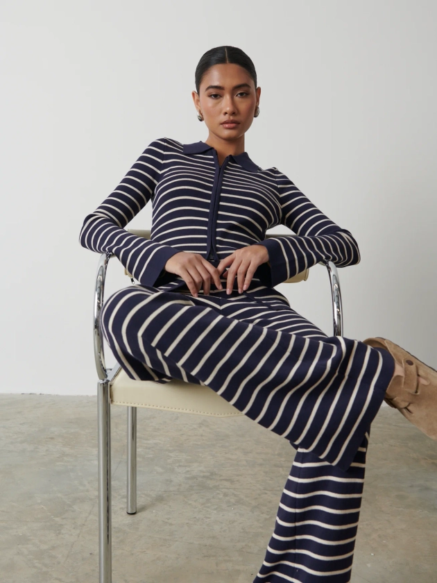 Avery Striped Zip Knit Top - Navy and Cream