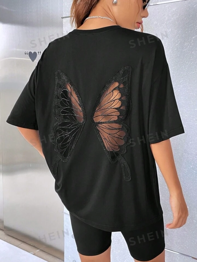 SHEIN EZwear Camiseta Sólida De Hombro Caído Con Diseño De Mariposa