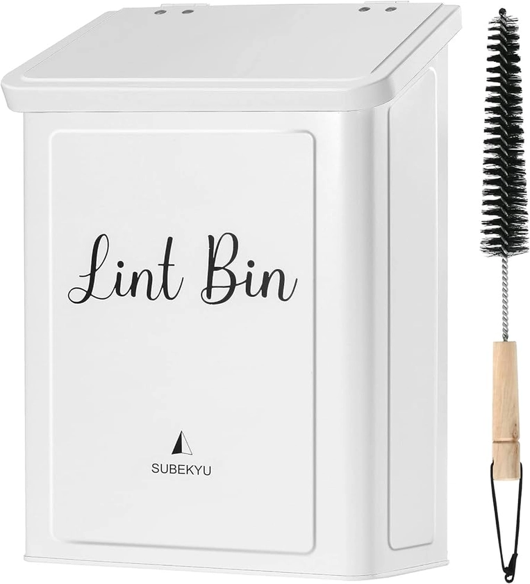 SUBEKYU Metal Magnetic Lint Bin for Laundry Room, Wall Mounted Lint Box Holder Trash Can with Lid for Dryer,Lint Basket for Laundry Room,White
