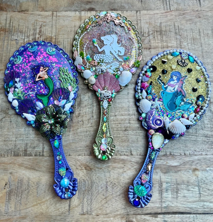 Handheld Mirror Mermaid Theme, Handmade Gift for Her / Wife / Friend / Bridesmaid, Makeup / Hand / Vanity Mirror, Decorated Gems, Flowers - Etsy UK