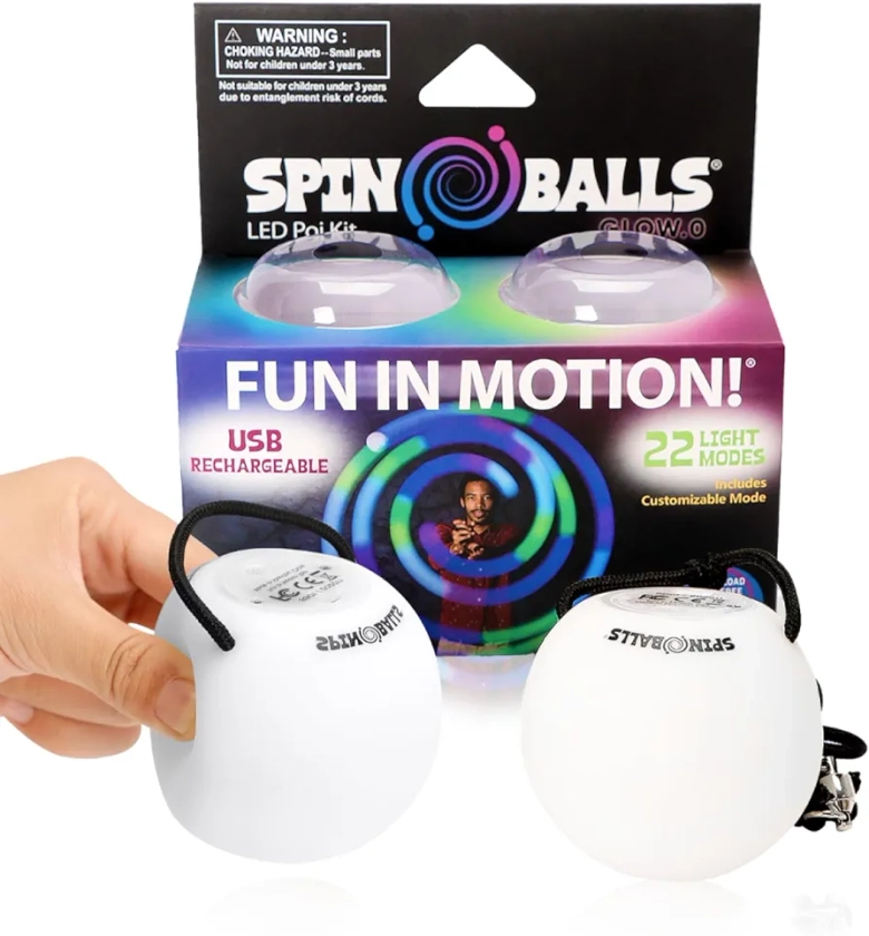 Spinballs LED Poi Balls Glow.0 – USB Rechargeable LED Poi Spinners – 22 Vibrant Color Light Modes and Patterns – Lightweight, Soft-Core LED Poi Spinning Balls with Adjustable Double-Loop Leashes