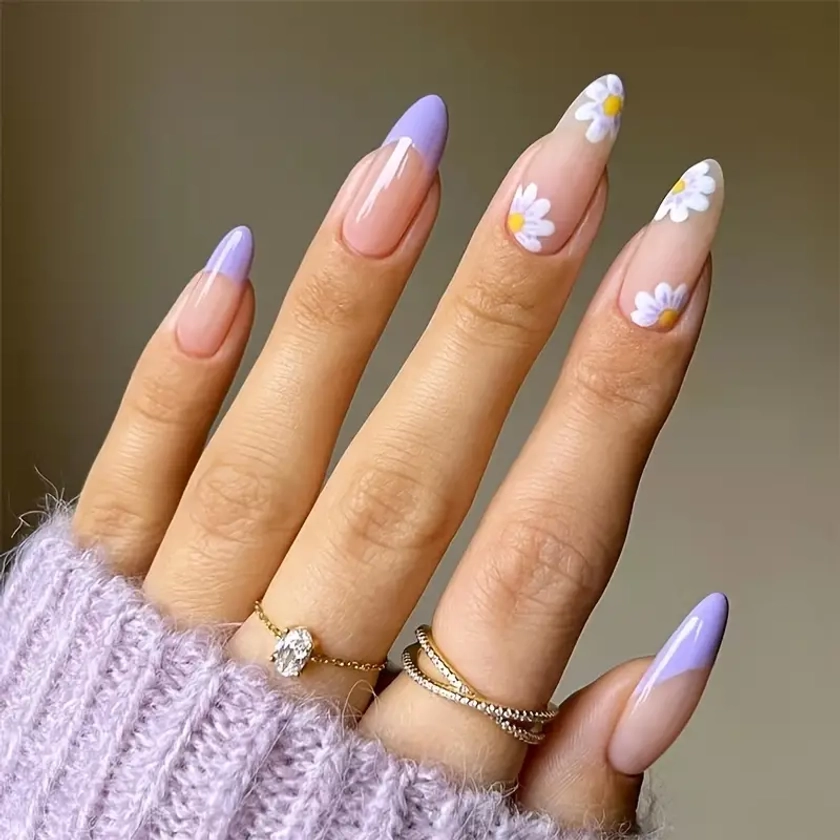 4 Packs (96 Pcs) Glossy Medium Almond Press On Nails, French Tip False Nails With Daisy Flower, Heart And Colorful Swirl Design, Mixed Sweet Cool *