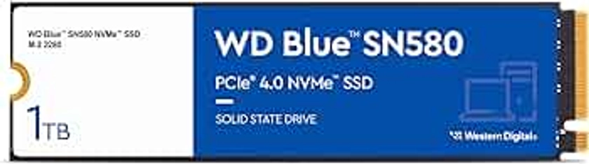 WD Blue SN580 1 TB, M.2 NVMe SSD, PCIe Gen4 x4, con hasta 4.150 MB/s de velocidad de lectura.