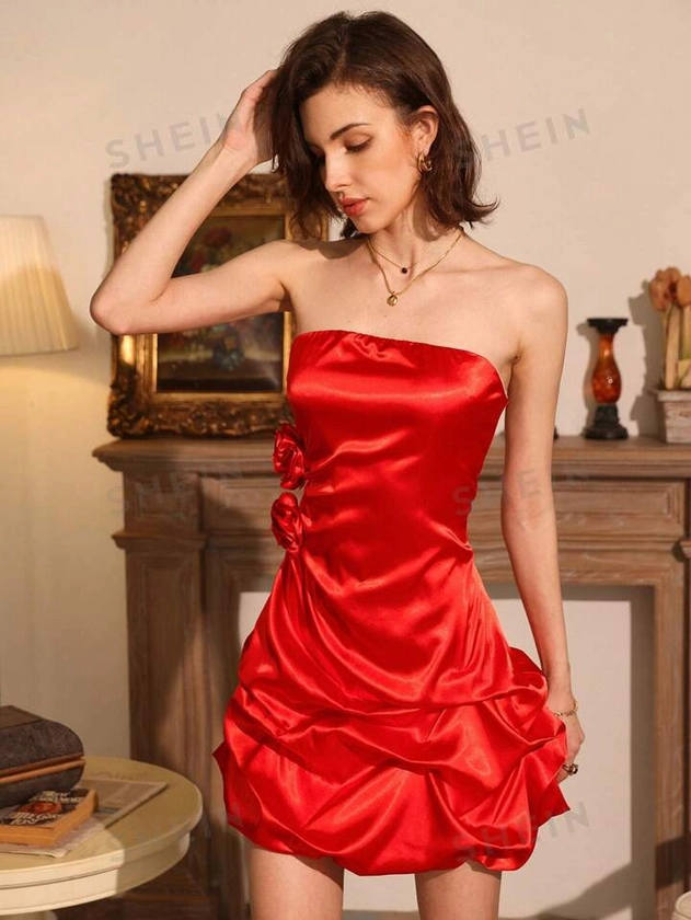 SHEIN Privé Red Strapless Asymmetric 3D Flower High-End Elegant Elegant Dress | SHEIN JAPAN