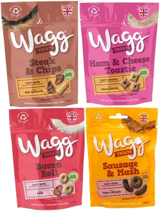 Wagg Dog Treats Bundle Sausage & Mash, Steak & Chips, Bacon Roll, Ham & Cheese Toastie Training Treats for Puppy : Amazon.co.uk: Pet Supplies