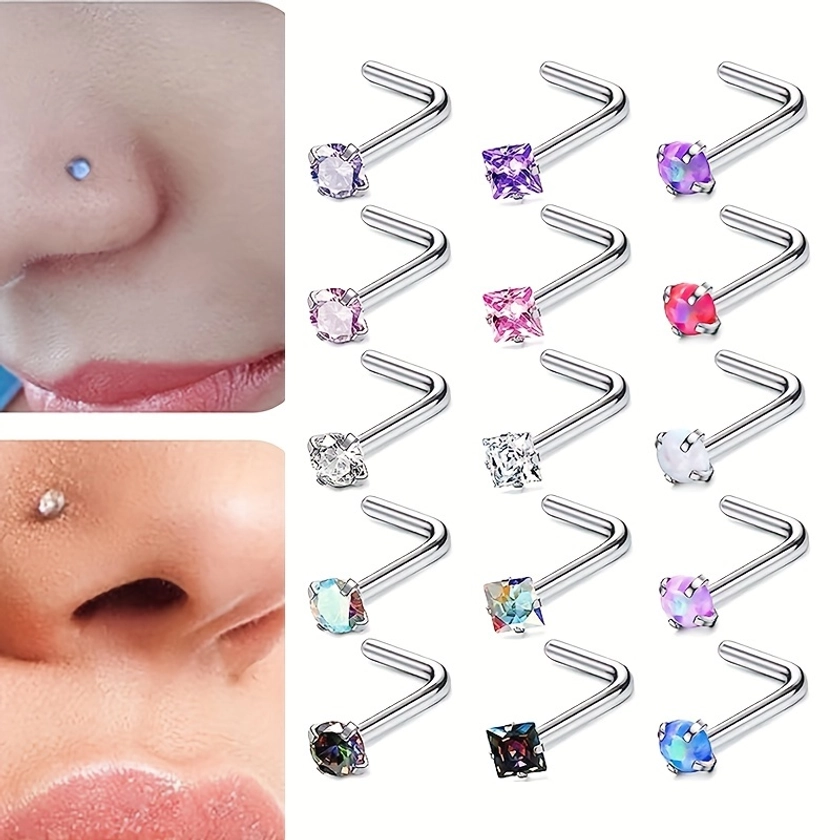 15pcs L-Shape Nose Ring Inlaid Shiny Zircon Hypoallergenic Nose Stud Nail Body Piercing Jewelry Set