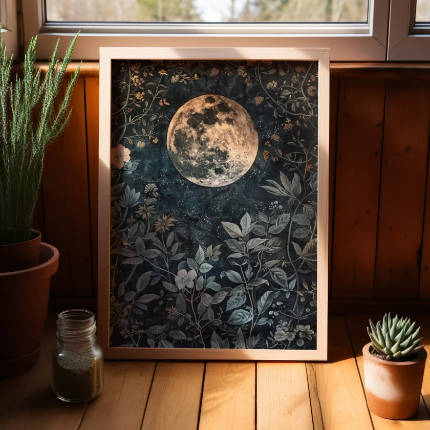 Moon Eclipse Botanical William Morris Inspired Art Print or Canvas, Dark Cottagecore Decor, Dark Academia Poster Print Moody Wall Art - Etsy Japan