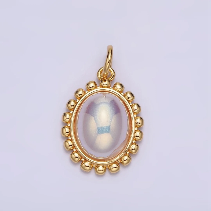 18K Gold Filled Iridescent Pearl Oval Dotted Outline Charm AC1441 - Etsy