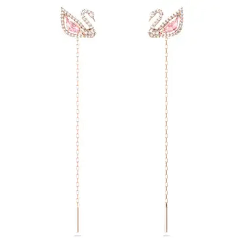 Swan drop earrings, Swan, Pink, Rose gold-tone plated