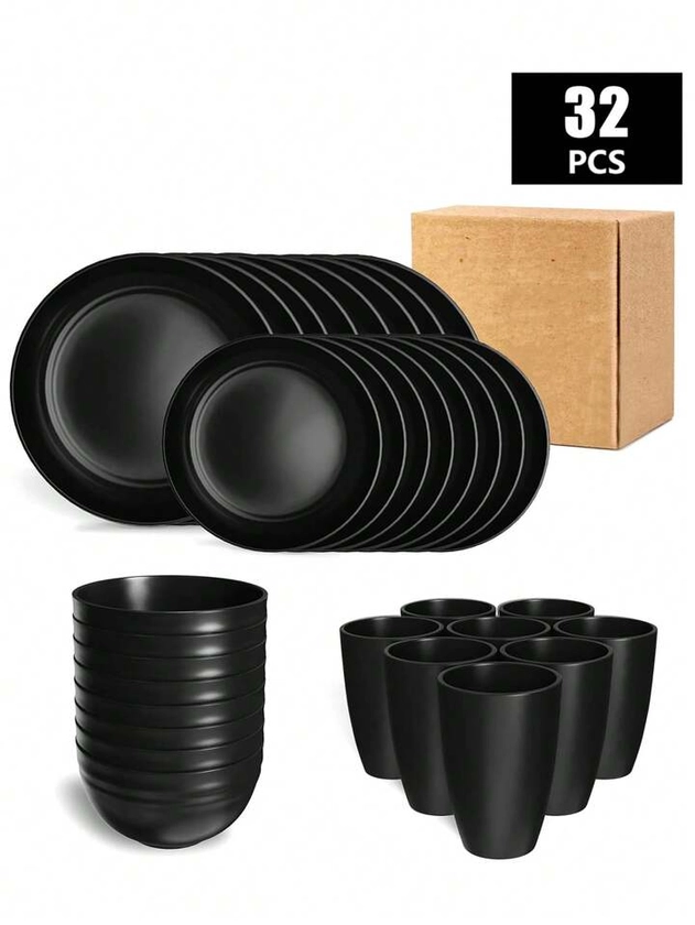 Set Of 4/16/24/32 Black Plastic Bowls, Plates, Trays And Cups - Suitable For Home Kitchens, Camping And Picnics