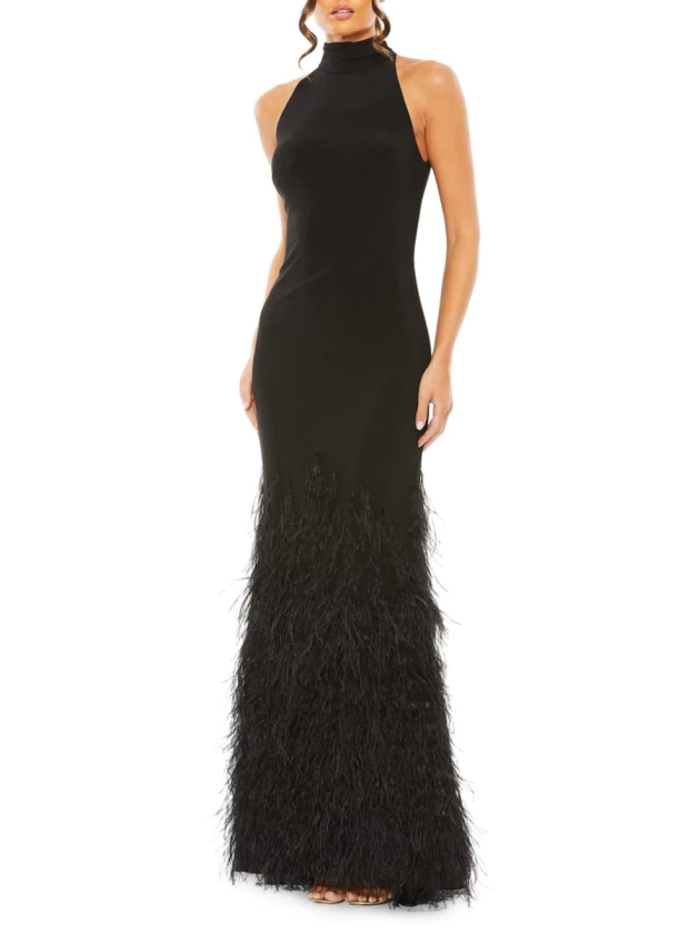Shop Mac Duggal Feathered Jersey Halter Gown | Saks Fifth Avenue