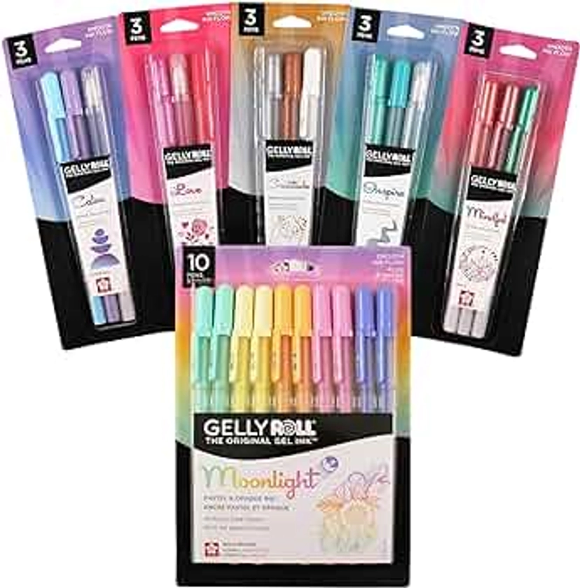 SAKURA Gelly Roll Moonlight Gel Pens - Bold Line - 10 Pack & Gelly Roll Moods Five Giftable 3 Pack Sets: Calm, Love, Gratitude, Inspire & Mindful, 15 Gel Pens