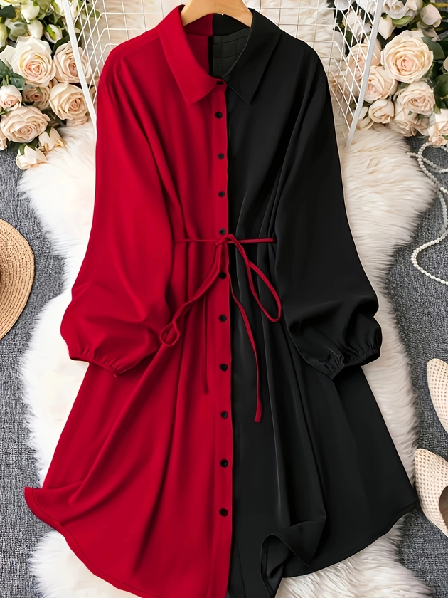 Plus Size Casual Blouse, Women&#39;s Plus Colorblock Long Sleeve Button Up Lapel Collar Shirt Longline Top With Belt