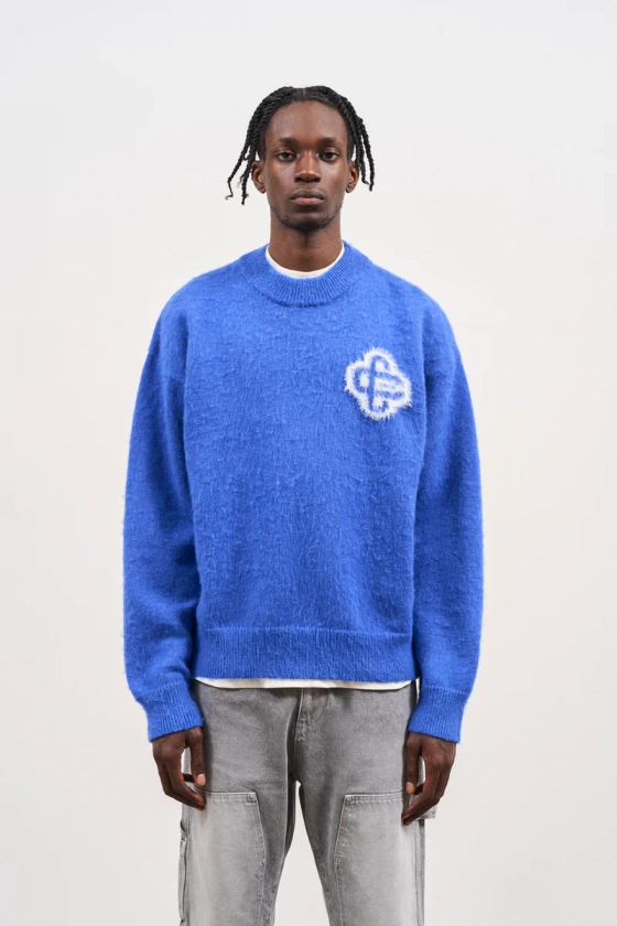 FLUFFY EMBLEM KNITTED CREW - COBALT