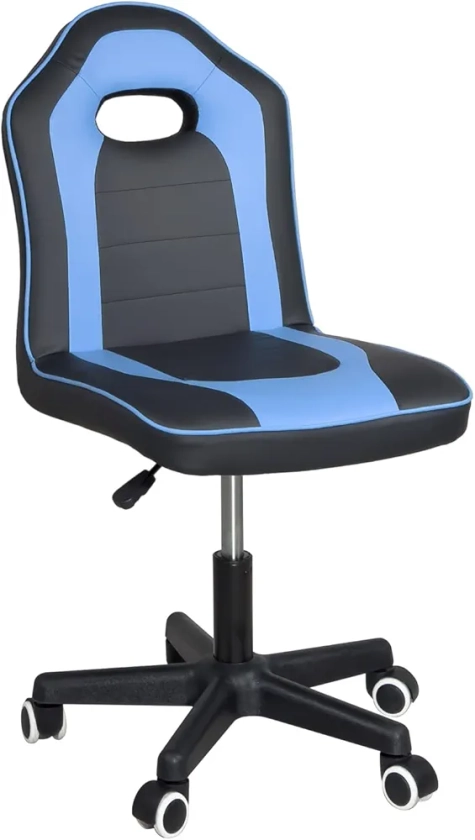 KAYELLES Chaise Bureau Gamer Enfant, Confortable siège Simili Cuir rembourré Bicolore sans accoudoirs, Hauteur réglable, pivotant 360°, roulettes Souples BAM (Noir et Bleu)