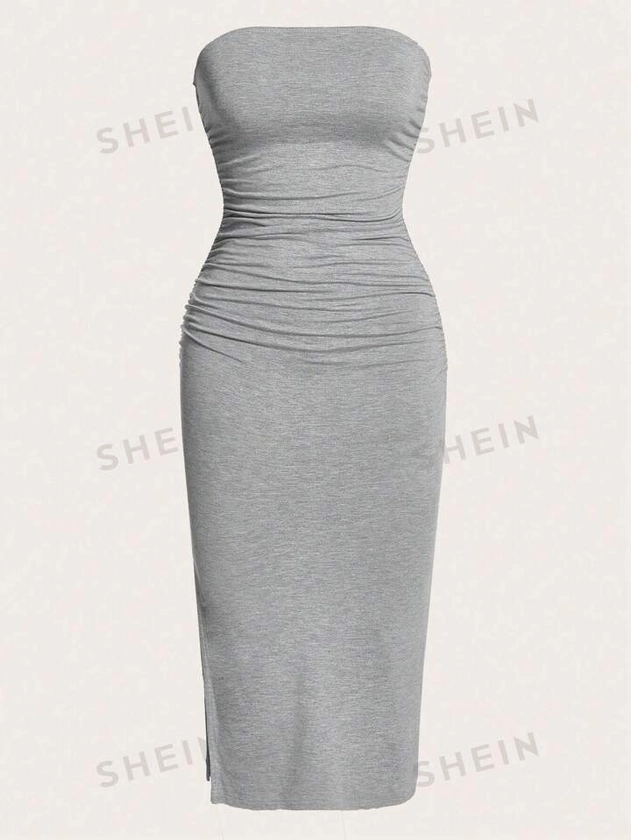 SHEIN EZwear Solid Ruched Split Thigh Tube Dress | SHEIN UK