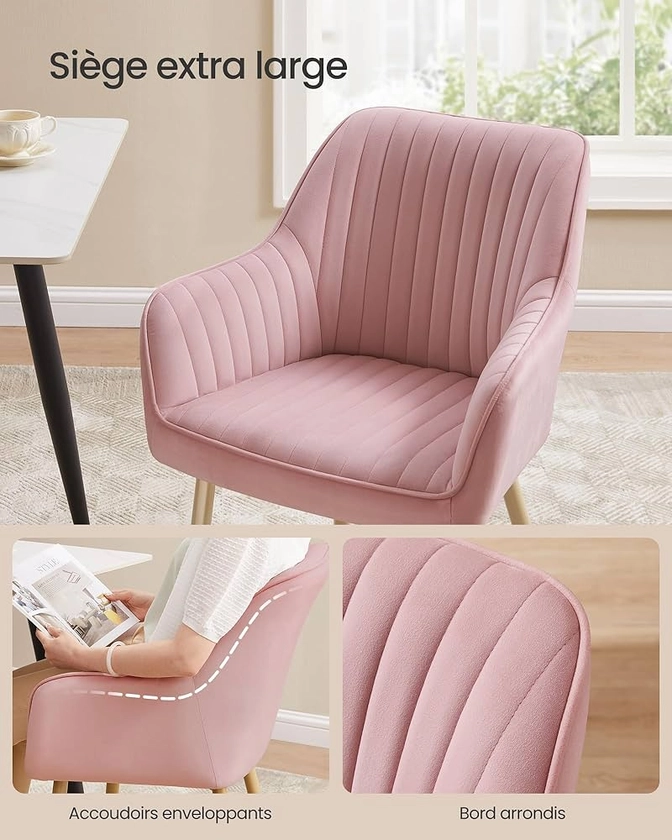 SONGMICS Chaise Salle à Manger, Chaise de Cuisine, Fauteuil en Velours, Rembourrée, avec Accoudoirs, Charge Max. 120 kg, Pieds en Métal, pour Salle à Manger, Rose Bonbon et Doré Clair LDC087R01