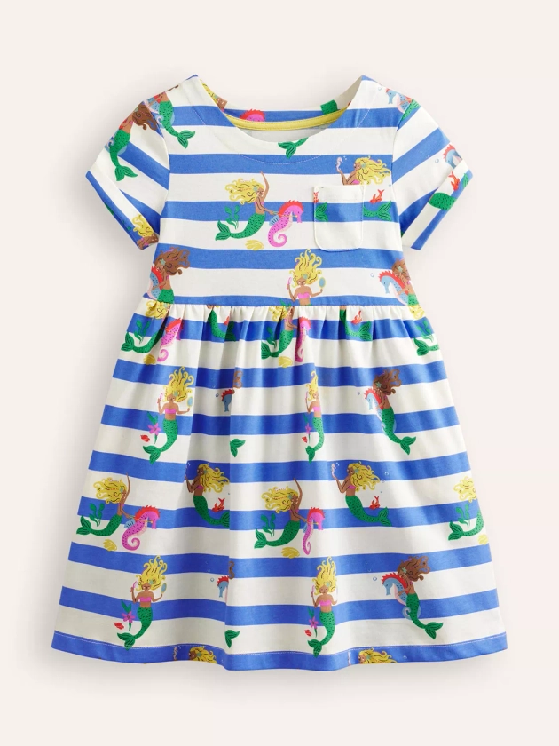 Mini Boden Kids' Fun Mermaid Stripe Print Jersey Dress, Blue