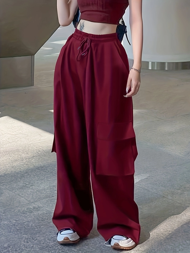 Y2K Drawstring Baggy Pants, Elastic Waist Long Length Pants With Pockets, Women&#39;s Clothing